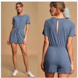 Lulu's Estelle Slate Blue Ribbed Lettuce Edge Romper Size S